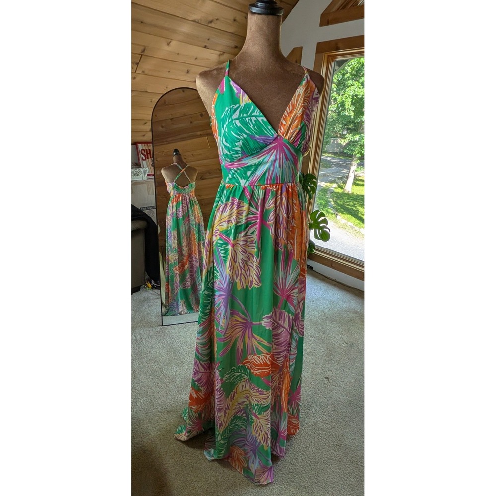 Flying Tomato Tropical Leaf Print Maxi Dress Green Orange Pink Small V-Neck Slit